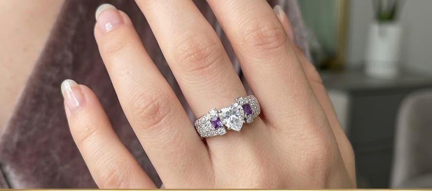 Heart cut diamond amethyst 3 stone ring