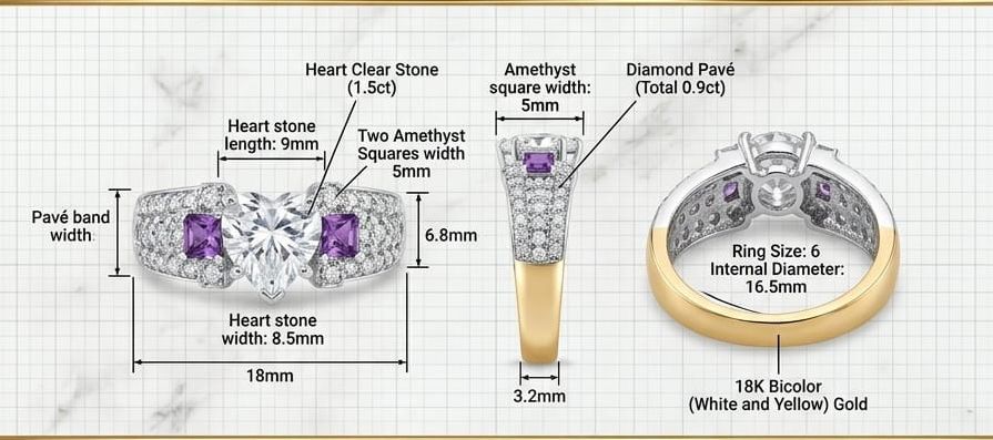 Heart cut diamond amethyst 3 stone ring