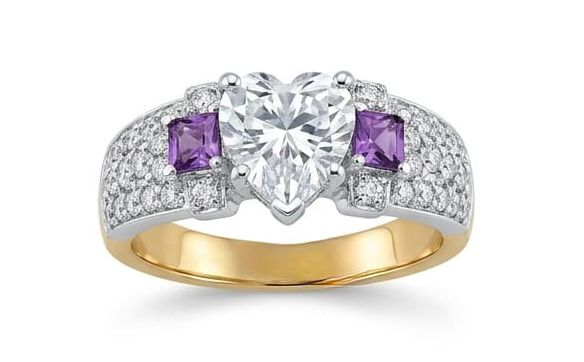 Heart cut diamond amethyst 3 stone ring