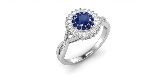 Sapphire sunburst double halo ring