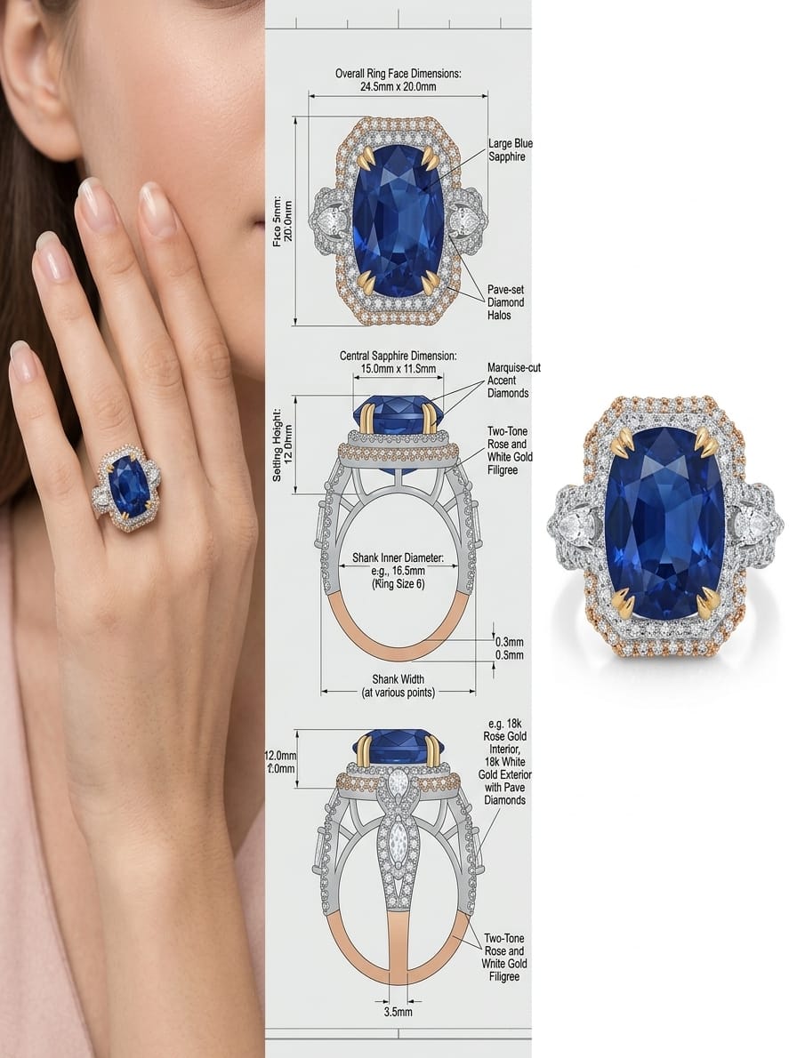Deep blue halo cocktail ring