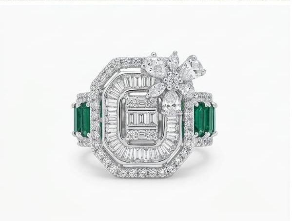 Celestial Baguette halo & emerald ring